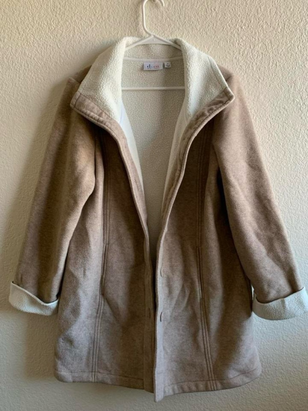 Denim & Co Camel Fleece Sherpa Bonded Jacket Button Front Cozy Long Coat M